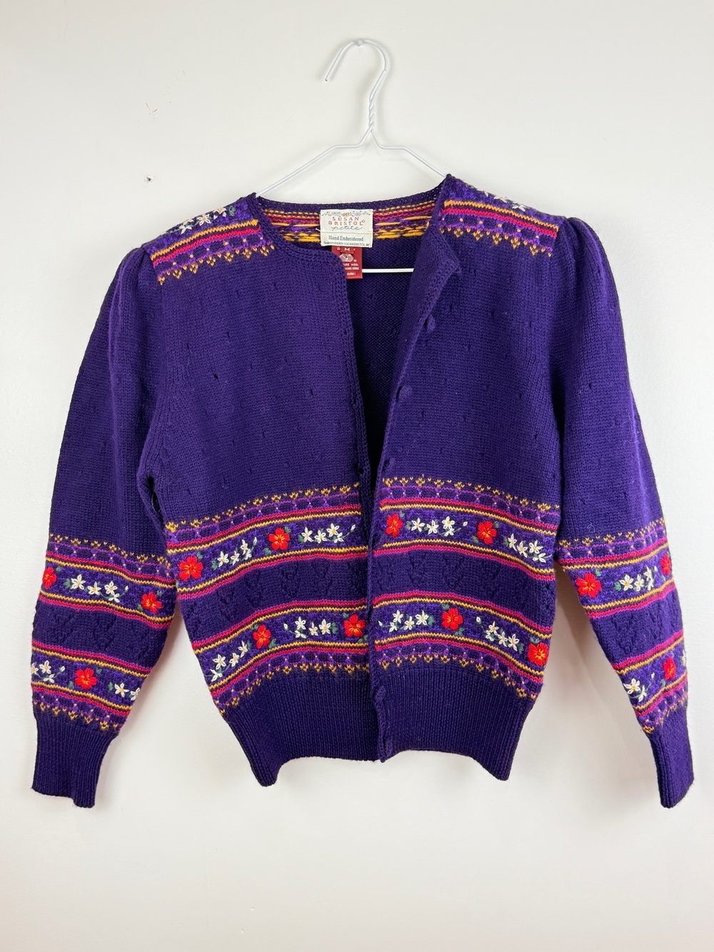 Vintage 1989 Susan Bristol Wool Cardigan Hand Embroidered Folk Cottagecore
